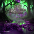 Ethereal overgrown ship in purple and green swamp