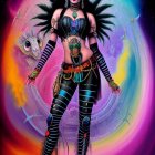 Fantasy-inspired female figure in dark attire against vibrant nebula background