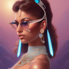 Woman adorned with golden jewelry and futuristic sunglasses in cosmic setting