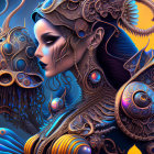 Detailed Iridescent Armor with Bubble-like Patterns on Woman against Colorful Background