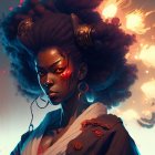 Intense gaze of woman with afro and fiery effects against warm backdrop