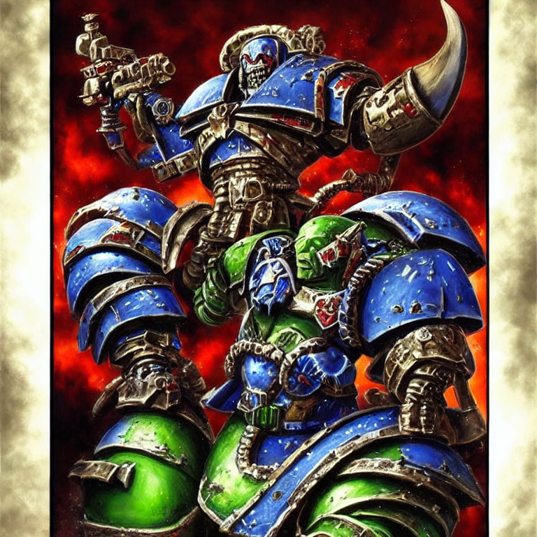 Armored space marine with scythe and shield in blue and green armor on fiery backdrop