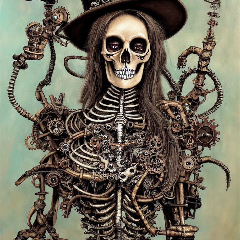 Steampunk-themed skeleton with gears, cogs, and top hat