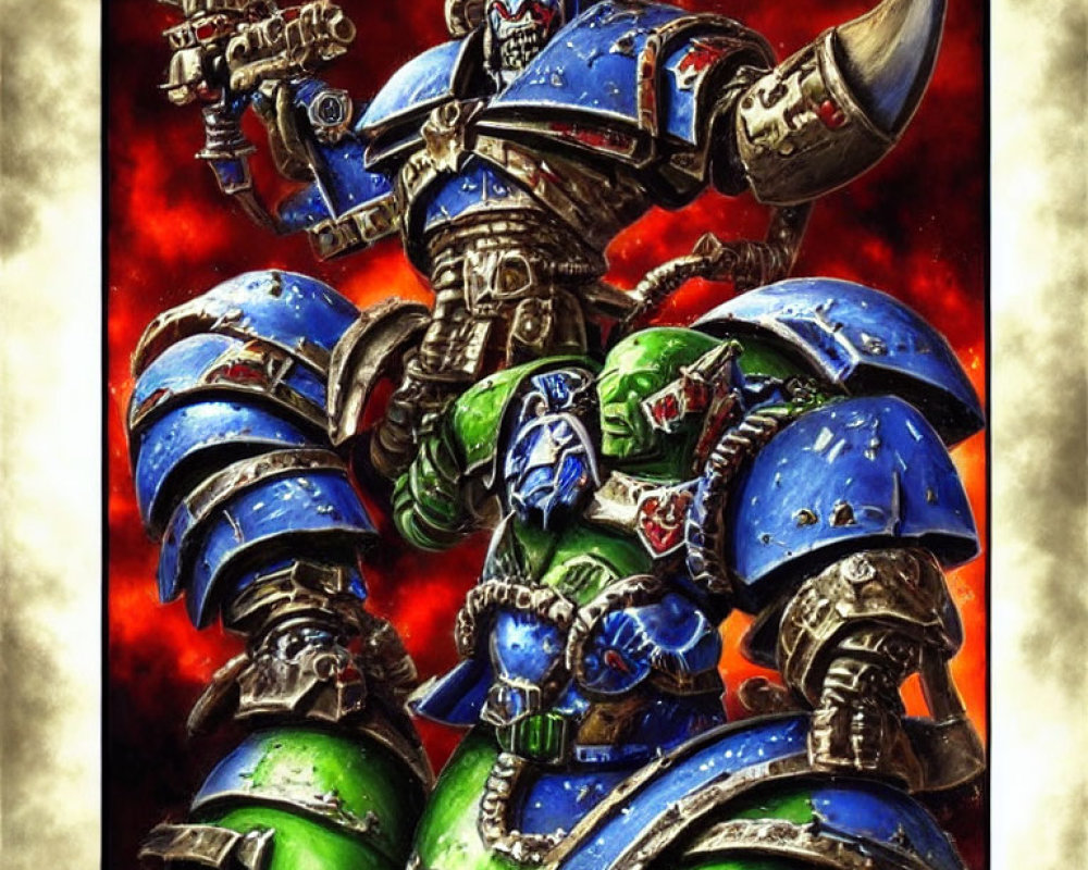Armored space marine with scythe and shield in blue and green armor on fiery backdrop