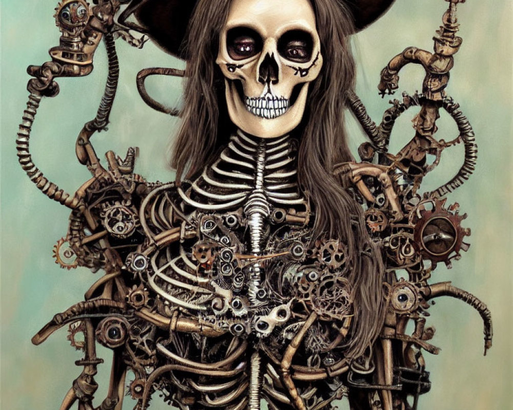 Steampunk-themed skeleton with gears, cogs, and top hat