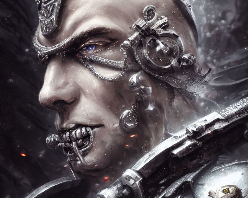 Cybernetic being with mechanical enhancements against industrial backdrop
