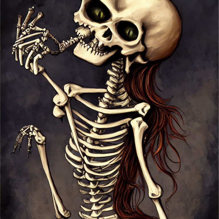 Stylized skeleton with long red hair holding smaller skeleton