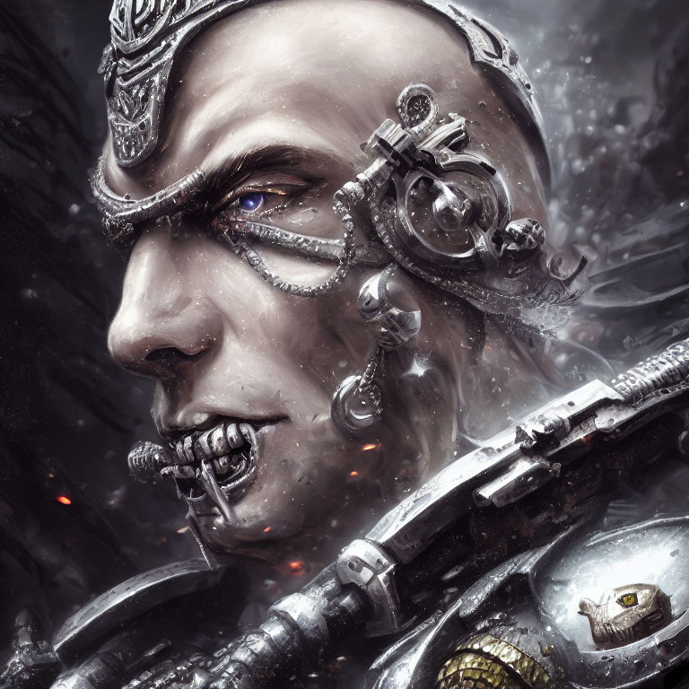 Cybernetic being with mechanical enhancements against industrial backdrop