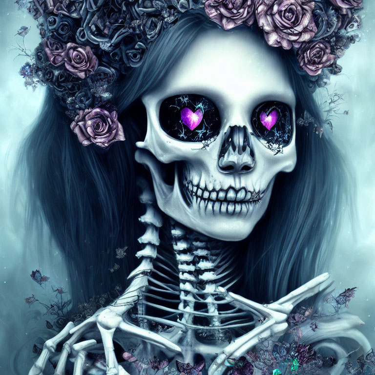 Skeleton with Long Hair, Crown of Roses, and Pink Jeweled Eye Sockets