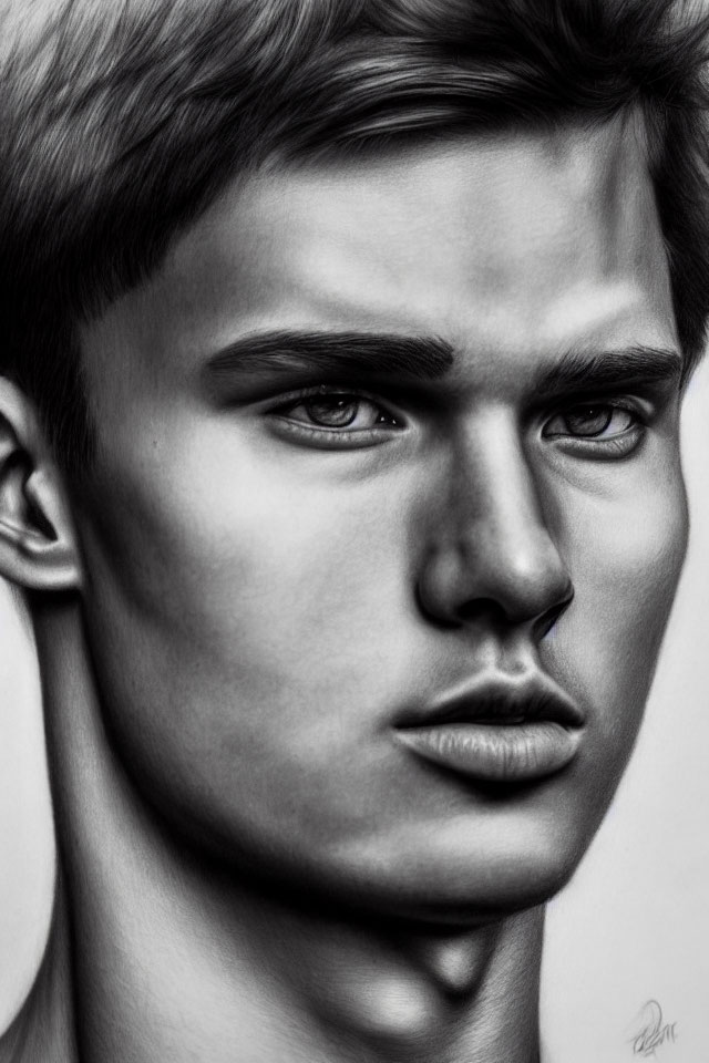 Detailed monochrome sketch of intense young man with chiseled jawline.