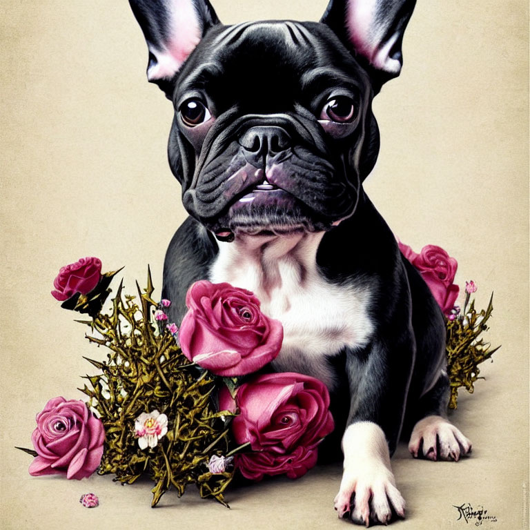 French Bulldog in Black and White with Pink Roses and Thorns on Beige Background