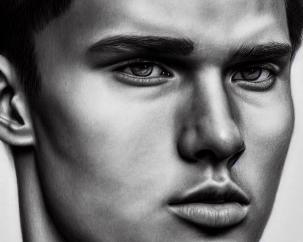 Detailed monochrome sketch of intense young man with chiseled jawline.