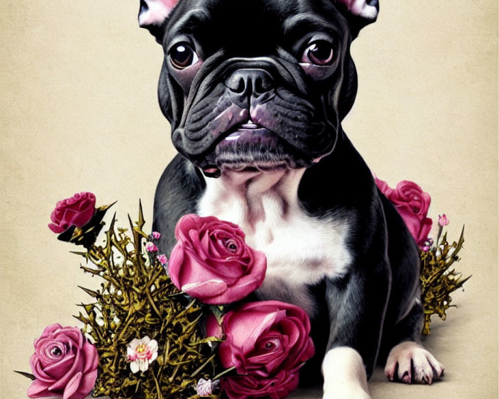 French Bulldog in Black and White with Pink Roses and Thorns on Beige Background