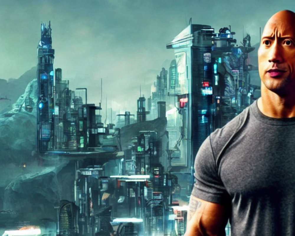 Muscular man in grey t-shirt against futuristic cityscape