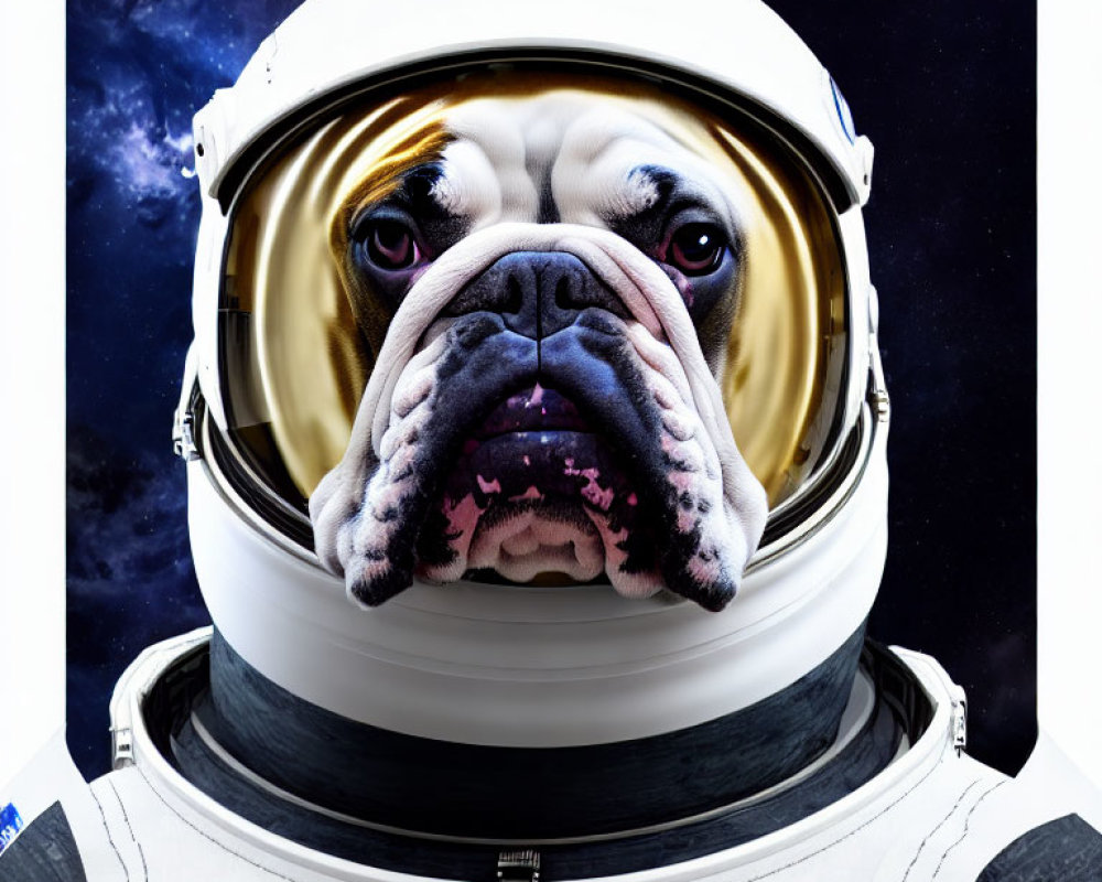 Bulldog head on astronaut suit in space background