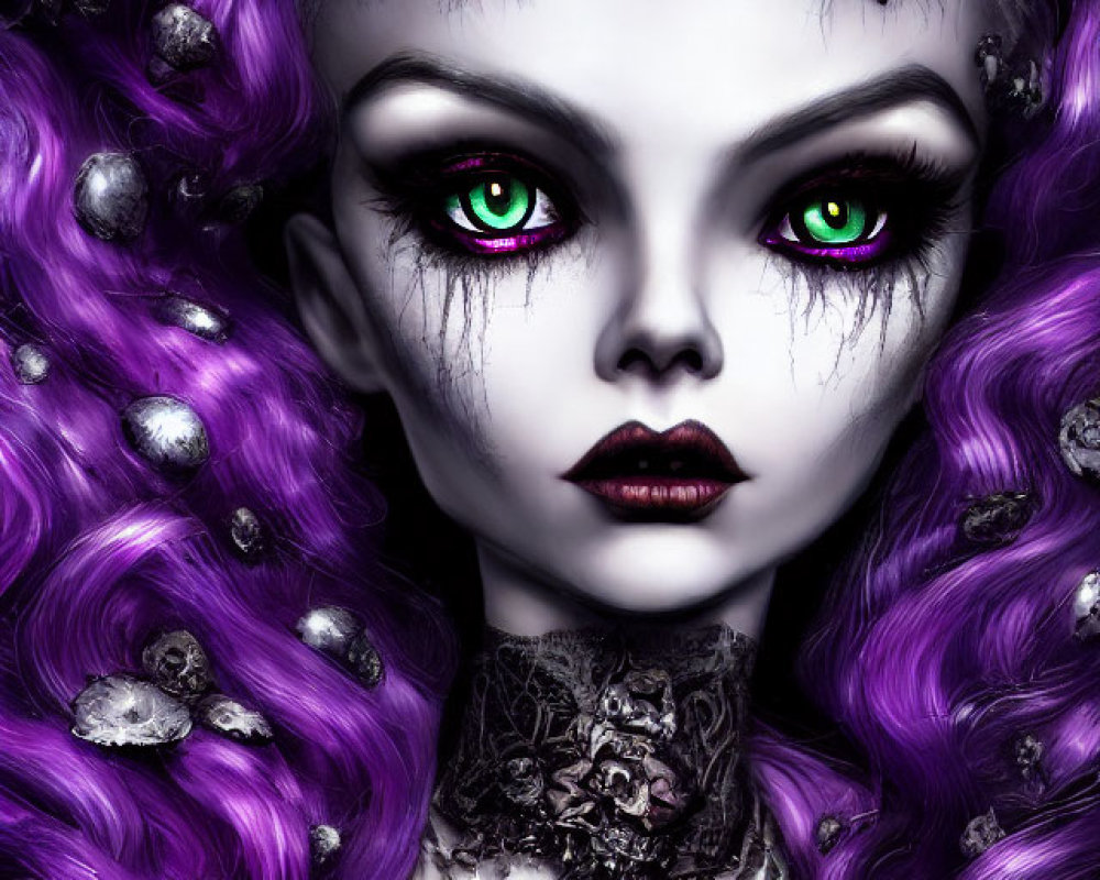 Gothic fantasy figure with green eyes and purple hair on dark backdrop