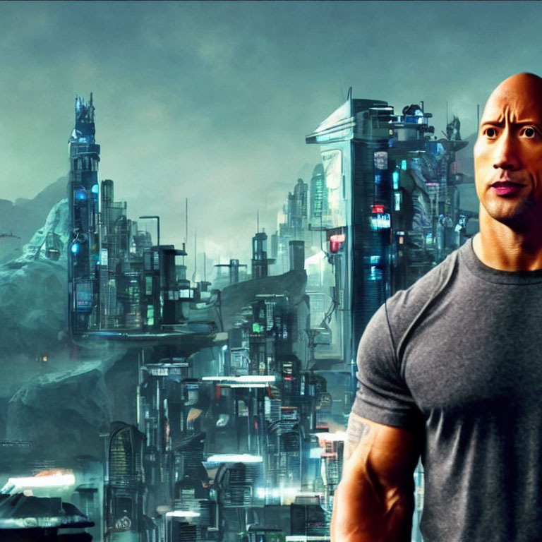 Muscular man in grey t-shirt against futuristic cityscape