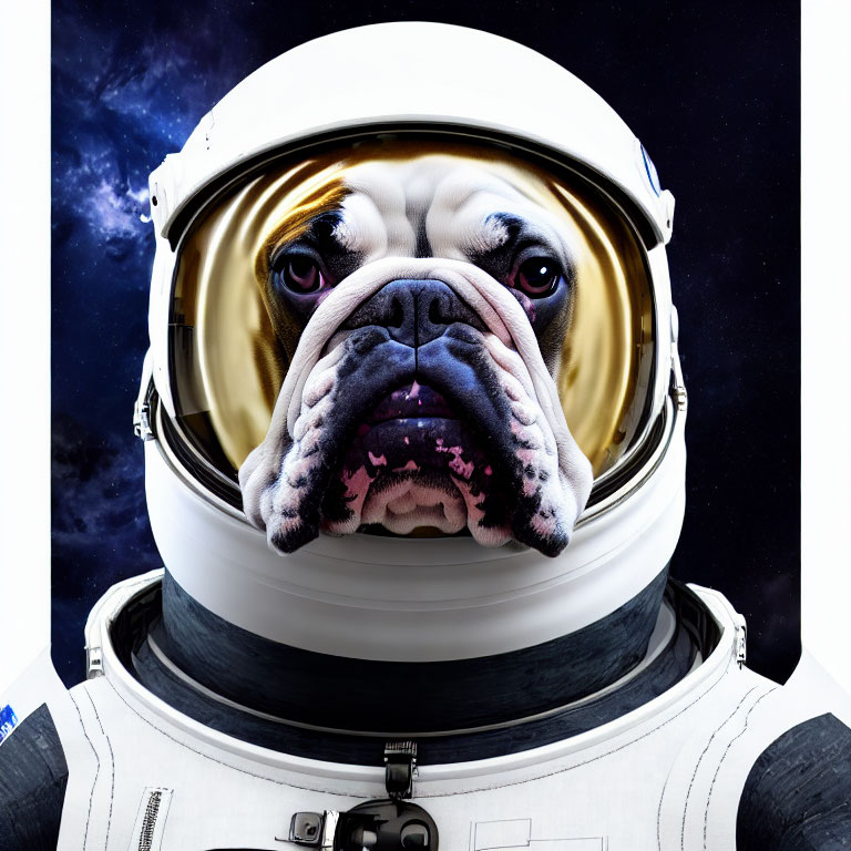 Bulldog head on astronaut suit in space background