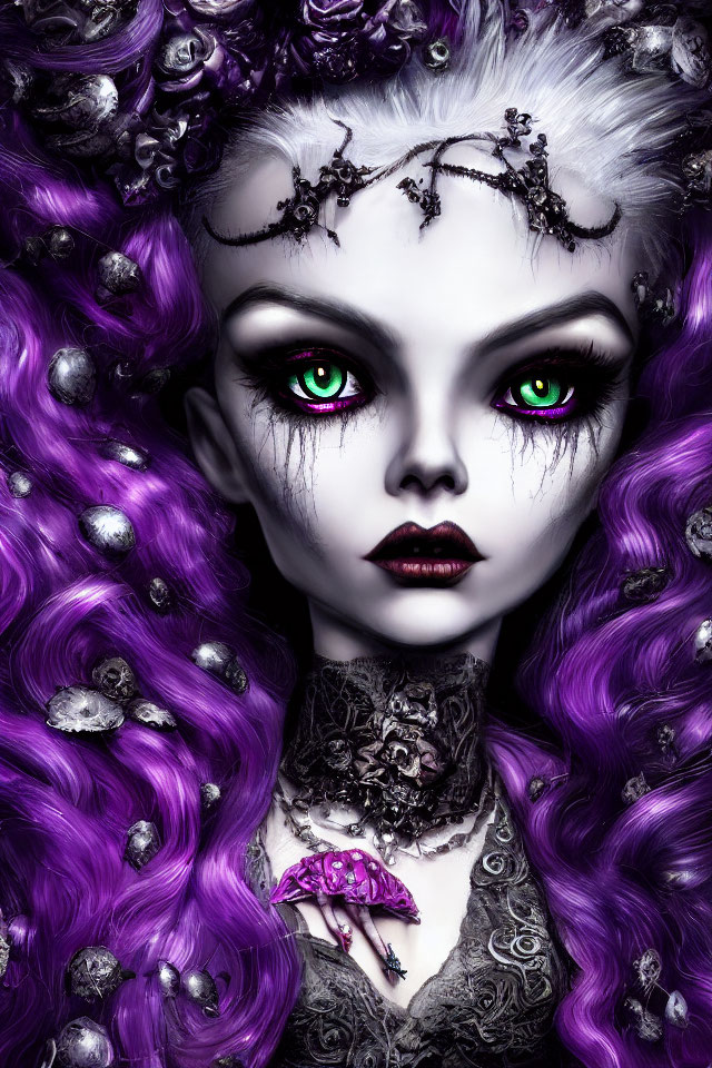 Gothic fantasy figure with green eyes and purple hair on dark backdrop