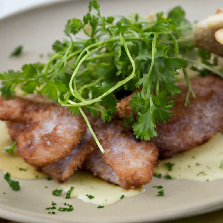 Crispy breaded meat cutlets with parsley and lemon butter sauce