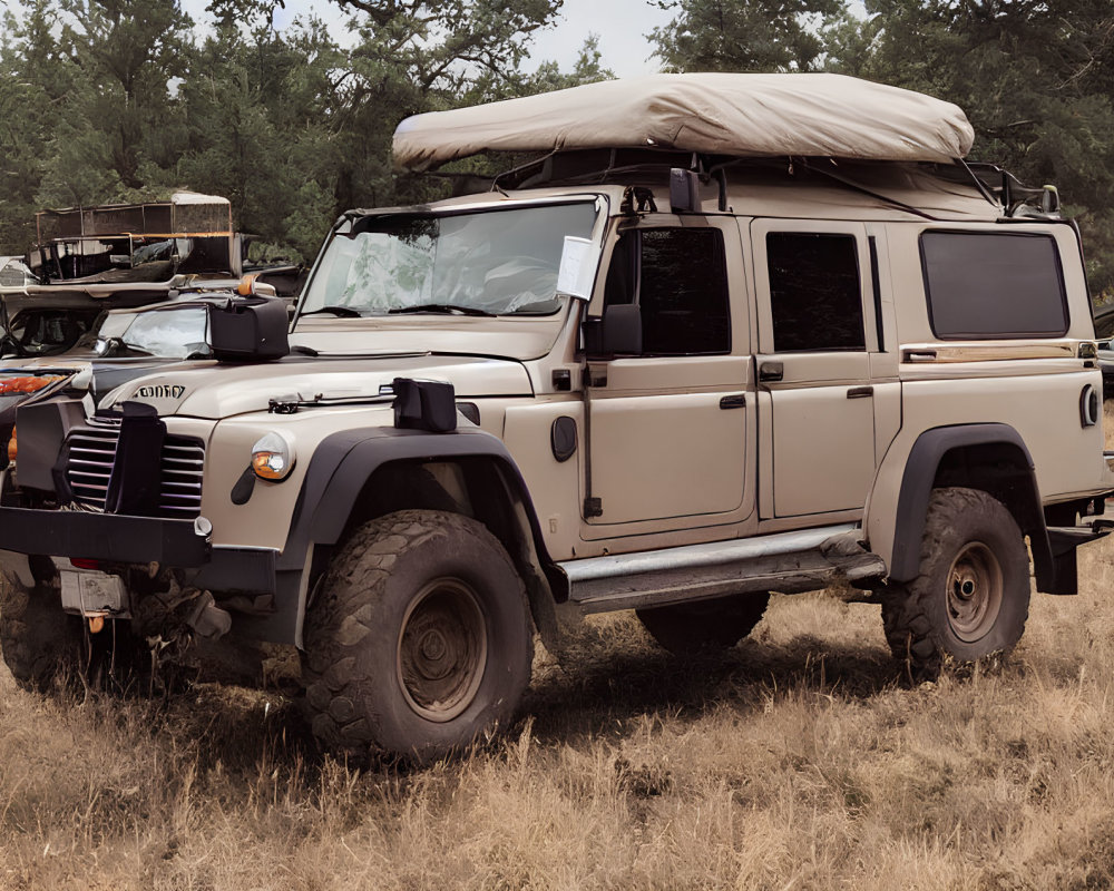 Beige off-road vehicle with roof tent in woodland setting