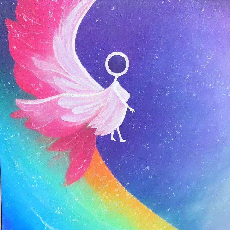 Stylized figure with circular head in pink dress on rainbow with pink feathered wing against blue star