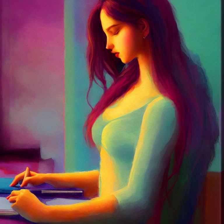 Vibrant illustration of woman with long hair in pink and purple hues