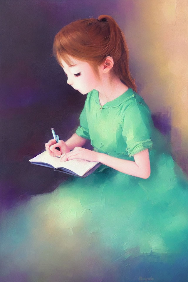 Young girl in green dress writing in notebook against colorful backdrop