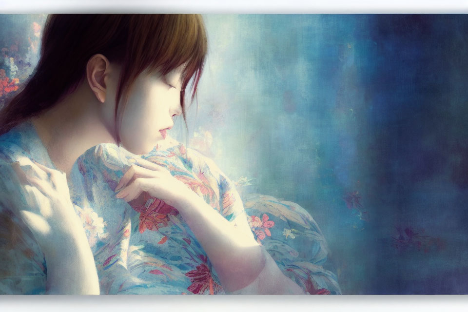 Tranquil illustration of woman with closed eyes and floral fabric in serene blue setting