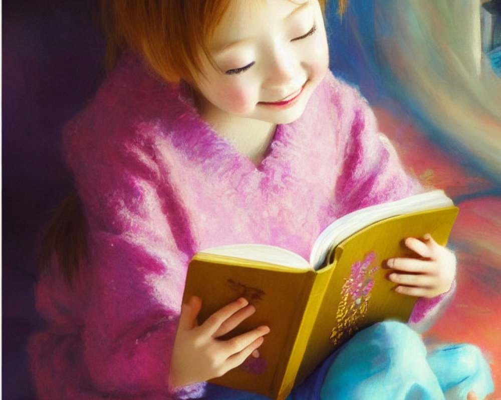 Young child in pink sweater reading yellow book beside shelf