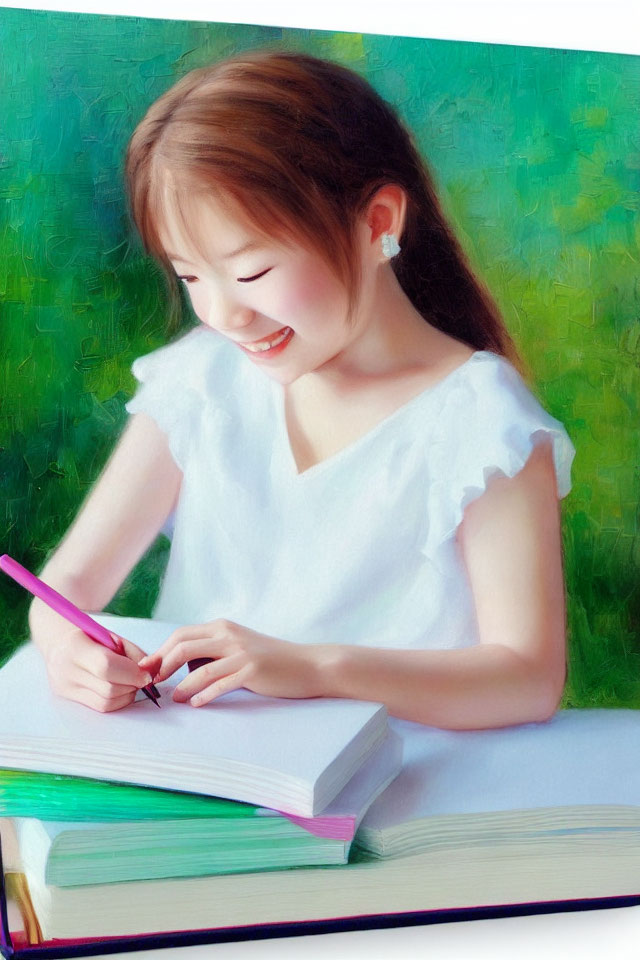 Smiling girl in white top writing with pink pen on green background