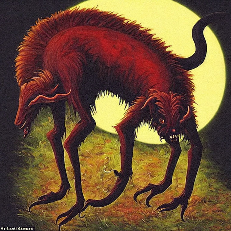 Elongated creature with two heads, reddish-brown fur, sharp claws, under full moon