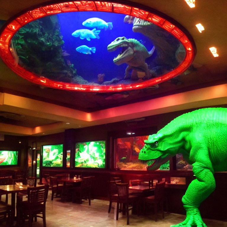 Colorful Dinosaur-Themed Restaurant Interior with T-Rex Statue & Aquarium