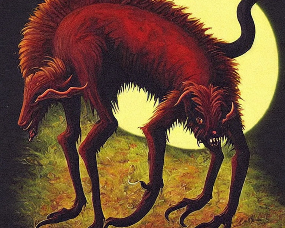 Elongated creature with two heads, reddish-brown fur, sharp claws, under full moon