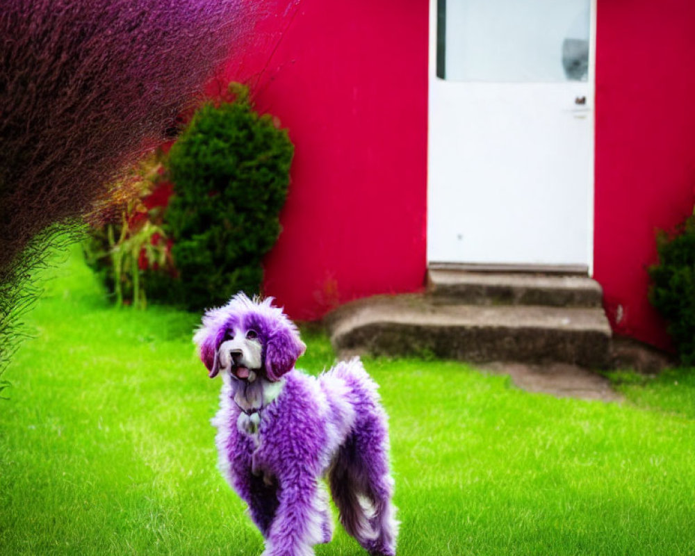 Purple-dyed poodle on green lawn in front of vibrant red house