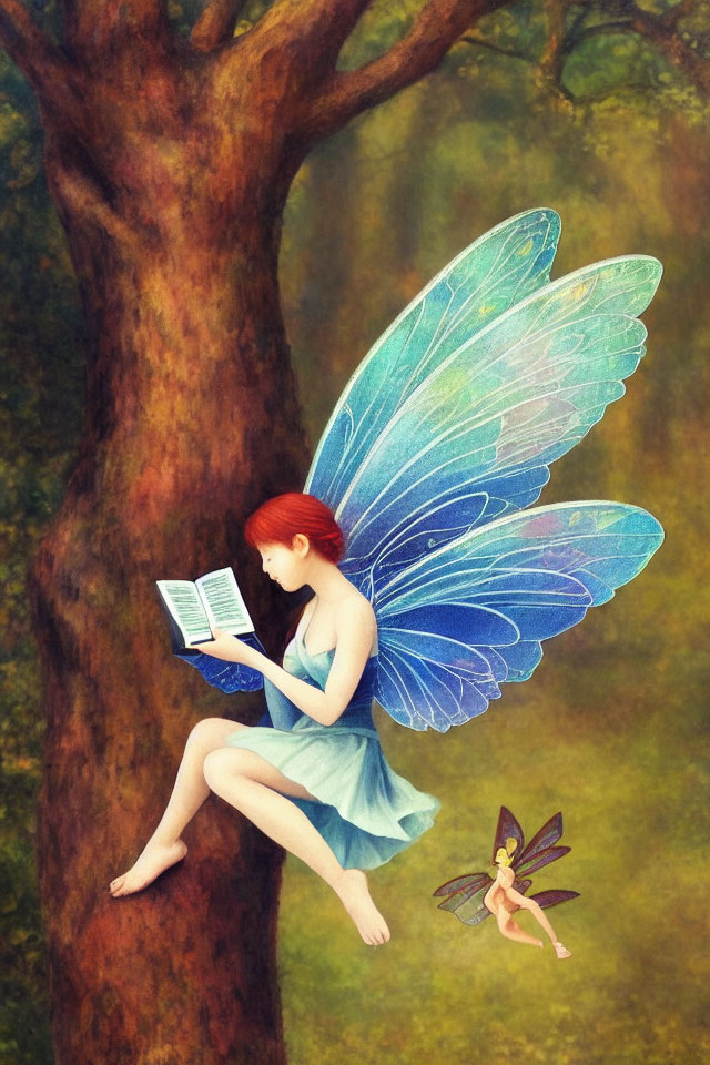 Large-winged fairy reading on tree with smaller fairy flying in textured background