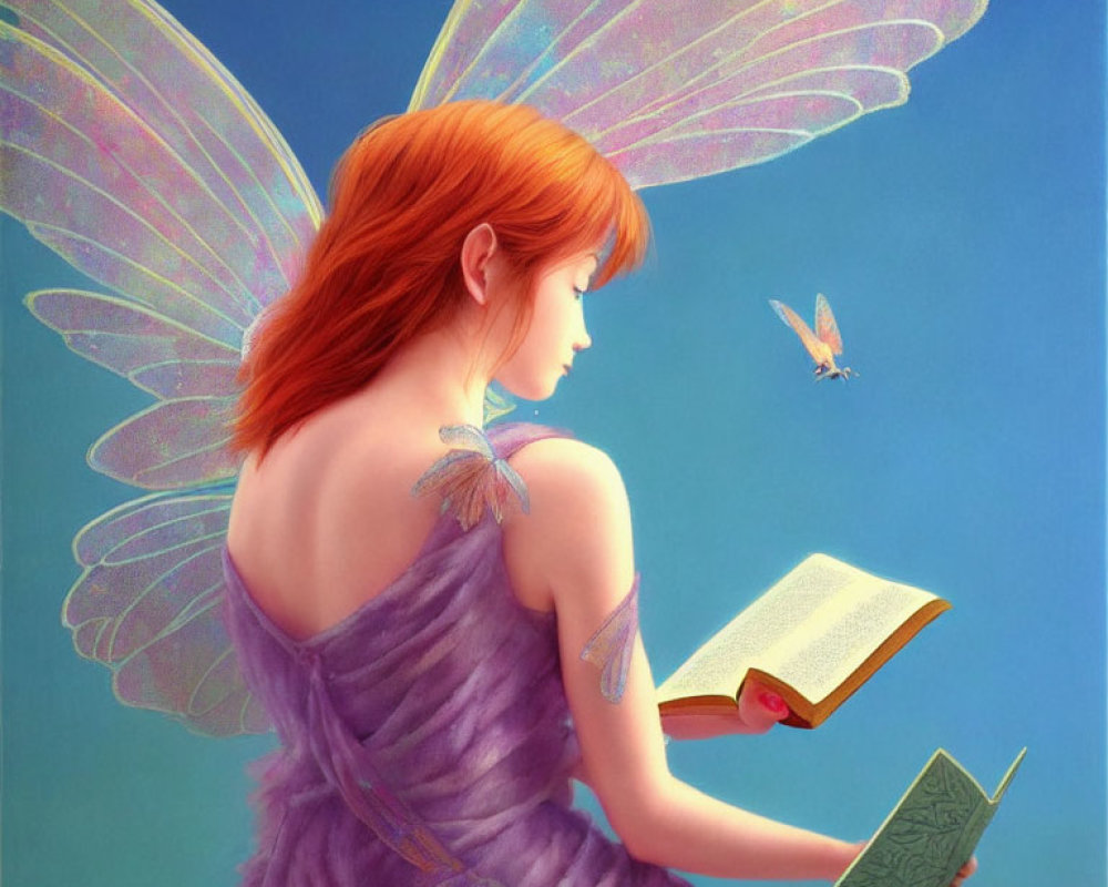 Red-haired fairy reading book with butterfly in purple dress on blue background