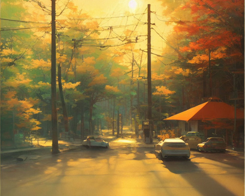 Tranquil Autumn Street Scene with Colorful Trees and Small Shop