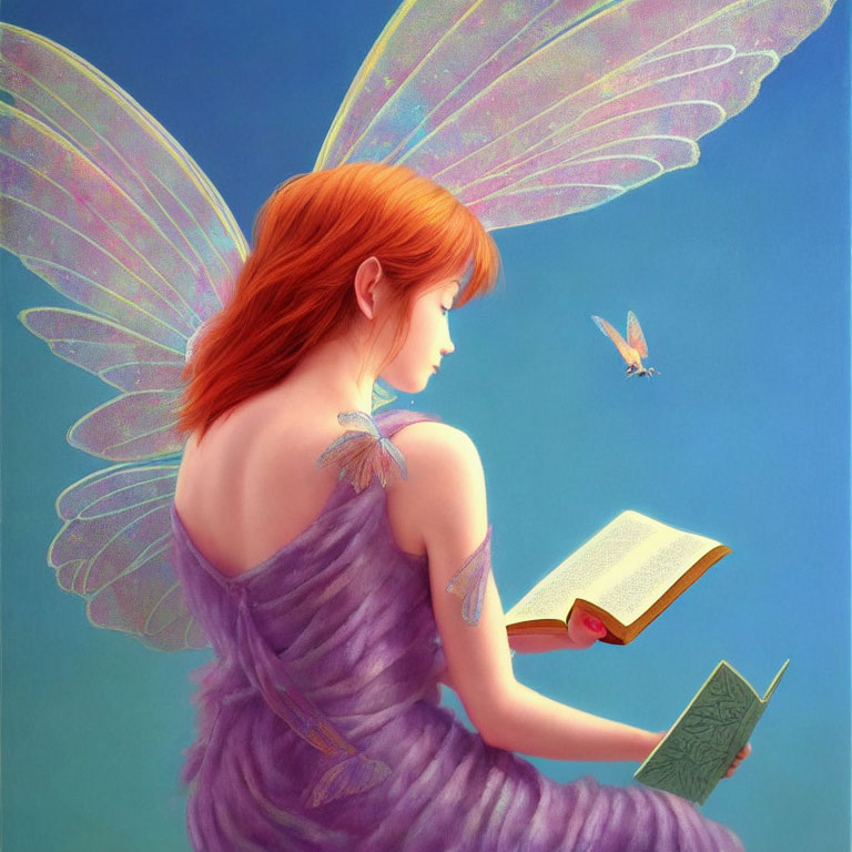 Red-haired fairy reading book with butterfly in purple dress on blue background