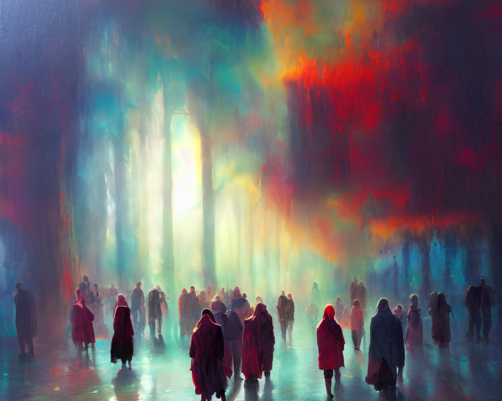 Colorful Abstract Painting of Figures in Red Cloaks on Luminous Background