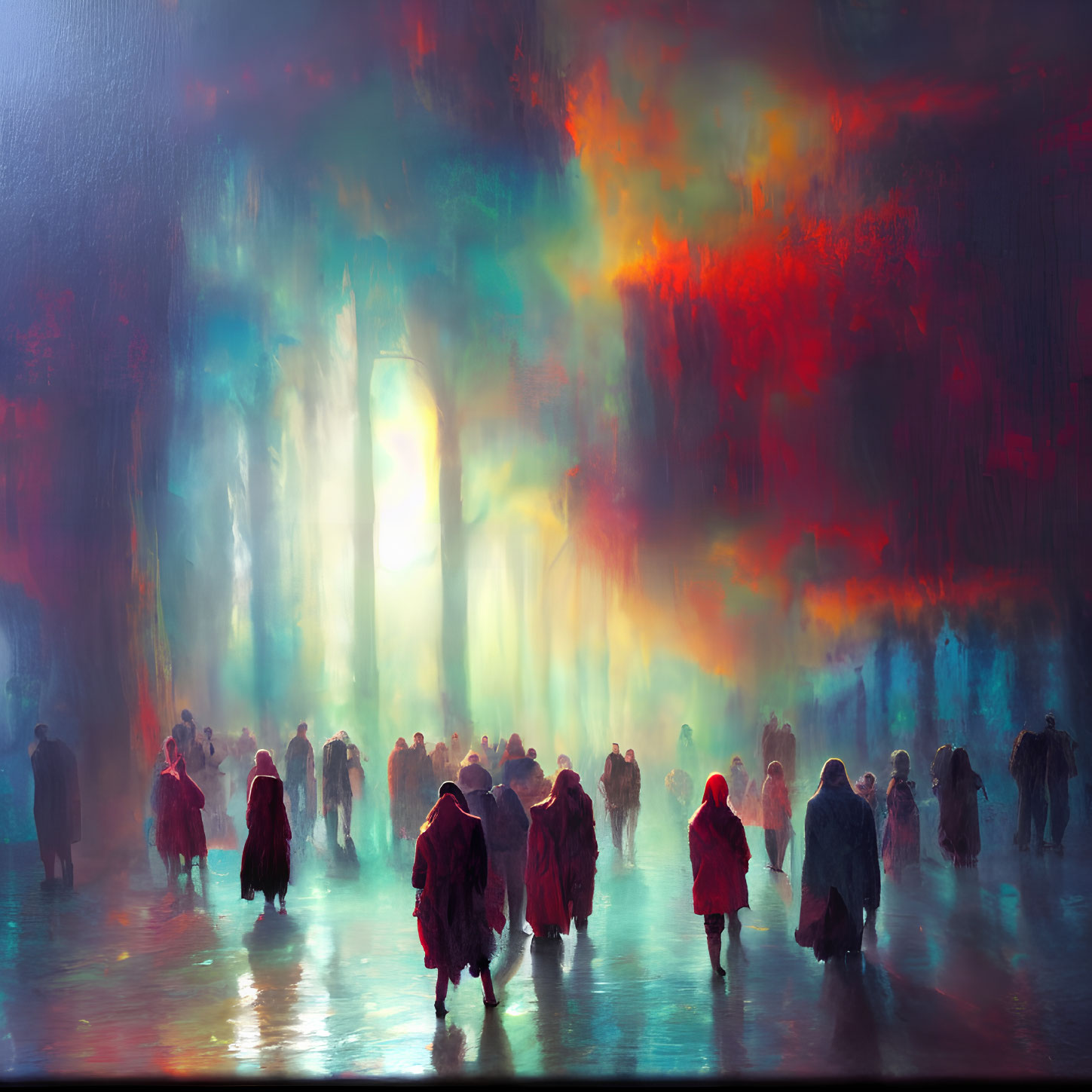 Colorful Abstract Painting of Figures in Red Cloaks on Luminous Background