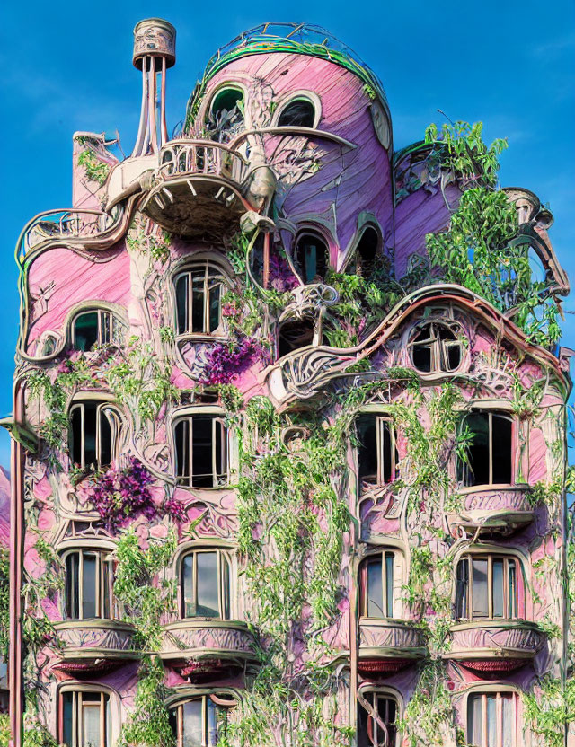 Pink building with green vines and purple flowers, unique rounded design under blue sky