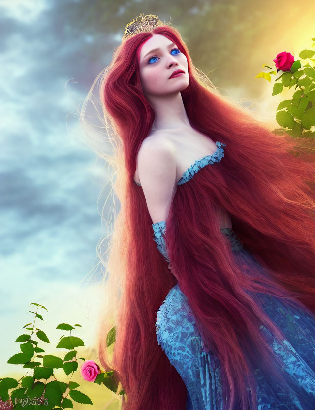 Red-haired woman in crown and blue dress surrounded by roses under cloudy sky