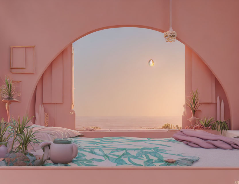 Pastel Pink Room with Arch Window Overlooking Sea & Sunset Hues