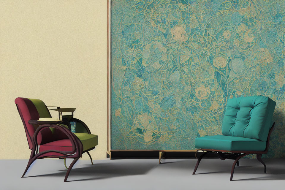 Turquoise Patterned Wallpaper with Modern Maroon Chair and Armchair