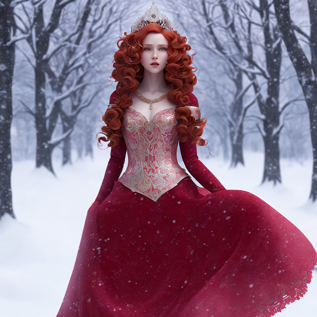 Regal woman with red hair and crown in snowy forest wearing elegant red gown