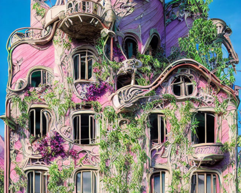 Pink building with green vines and purple flowers, unique rounded design under blue sky