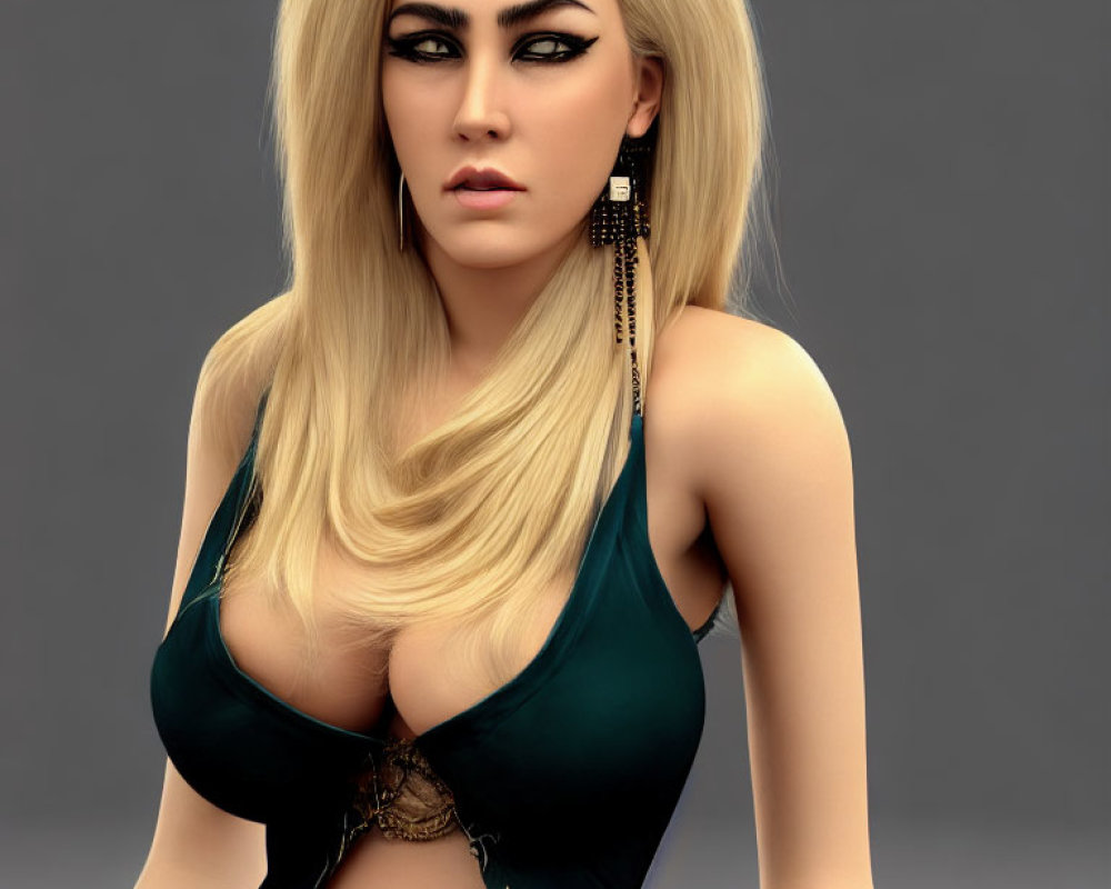 Blonde woman in green top with heart accessory: 3D rendering