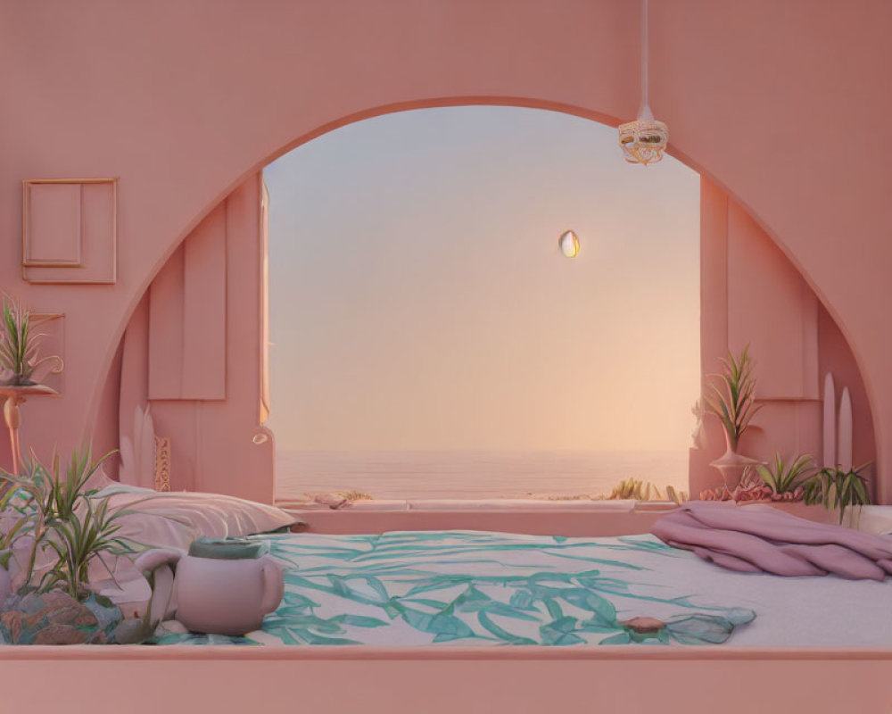 Pastel Pink Room with Arch Window Overlooking Sea & Sunset Hues