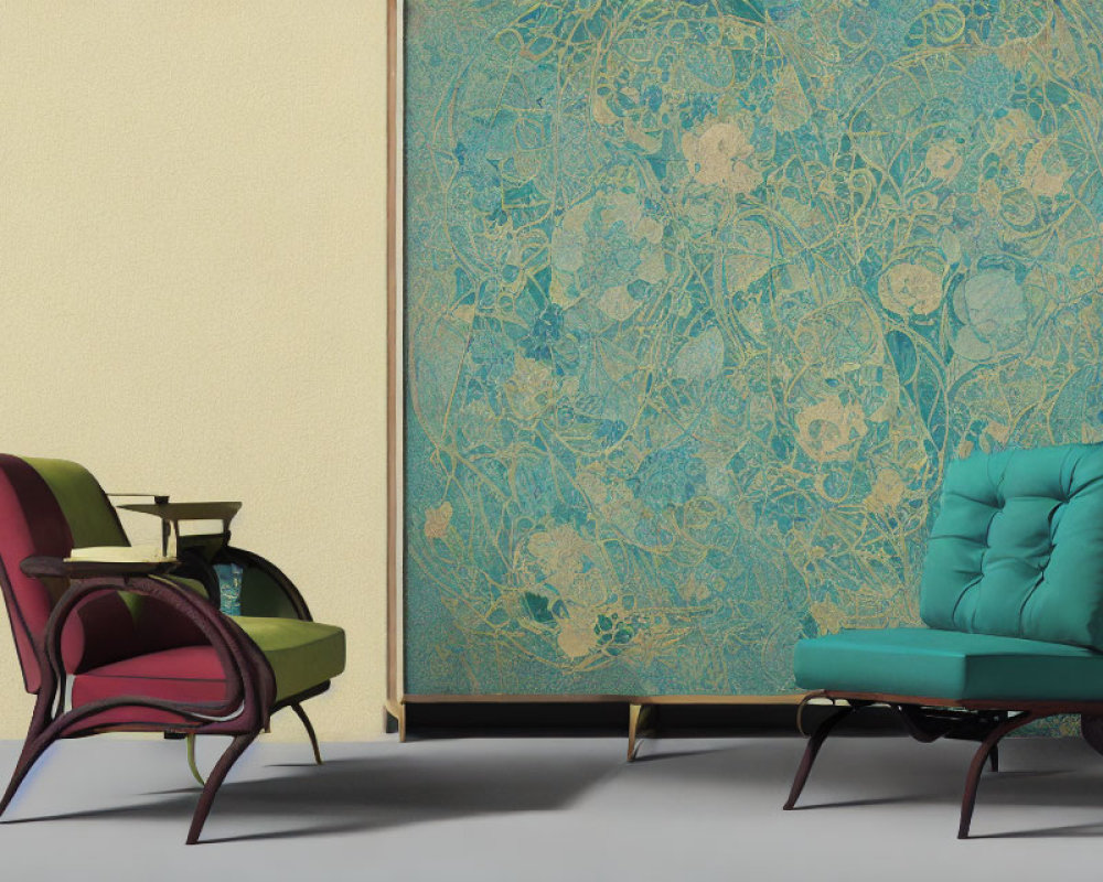 Turquoise Patterned Wallpaper with Modern Maroon Chair and Armchair